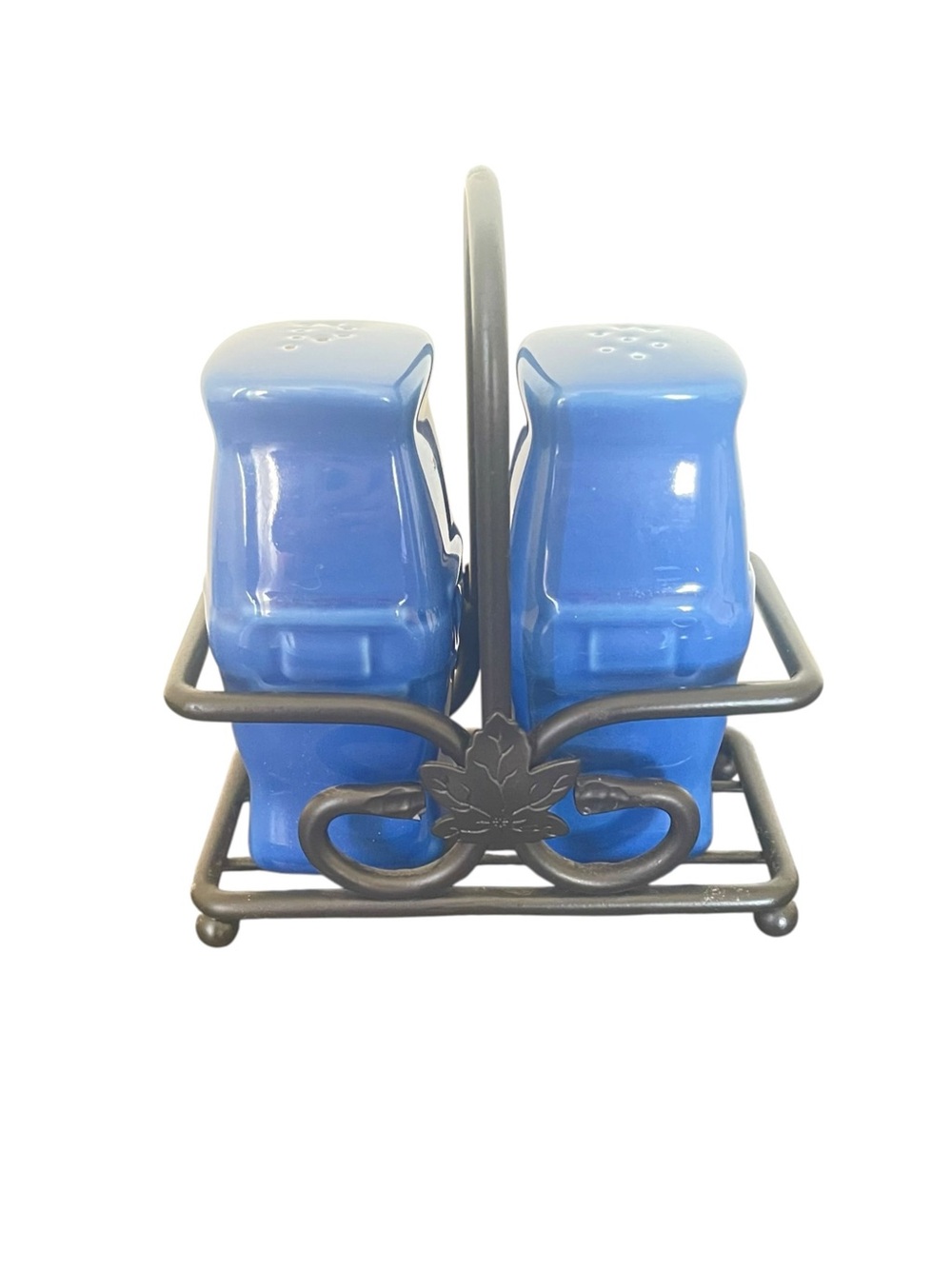 Longaberger Blue Ceramic Salt and Pepper Shakers with Metal Caddy